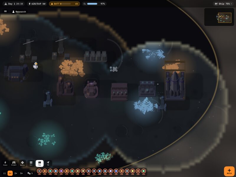 A lunar base at dusk: miners, smelters and belts around the crashed ship