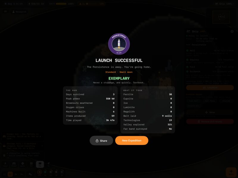 The results screen after the launch: the ship named, its mission patch and the run in numbers
